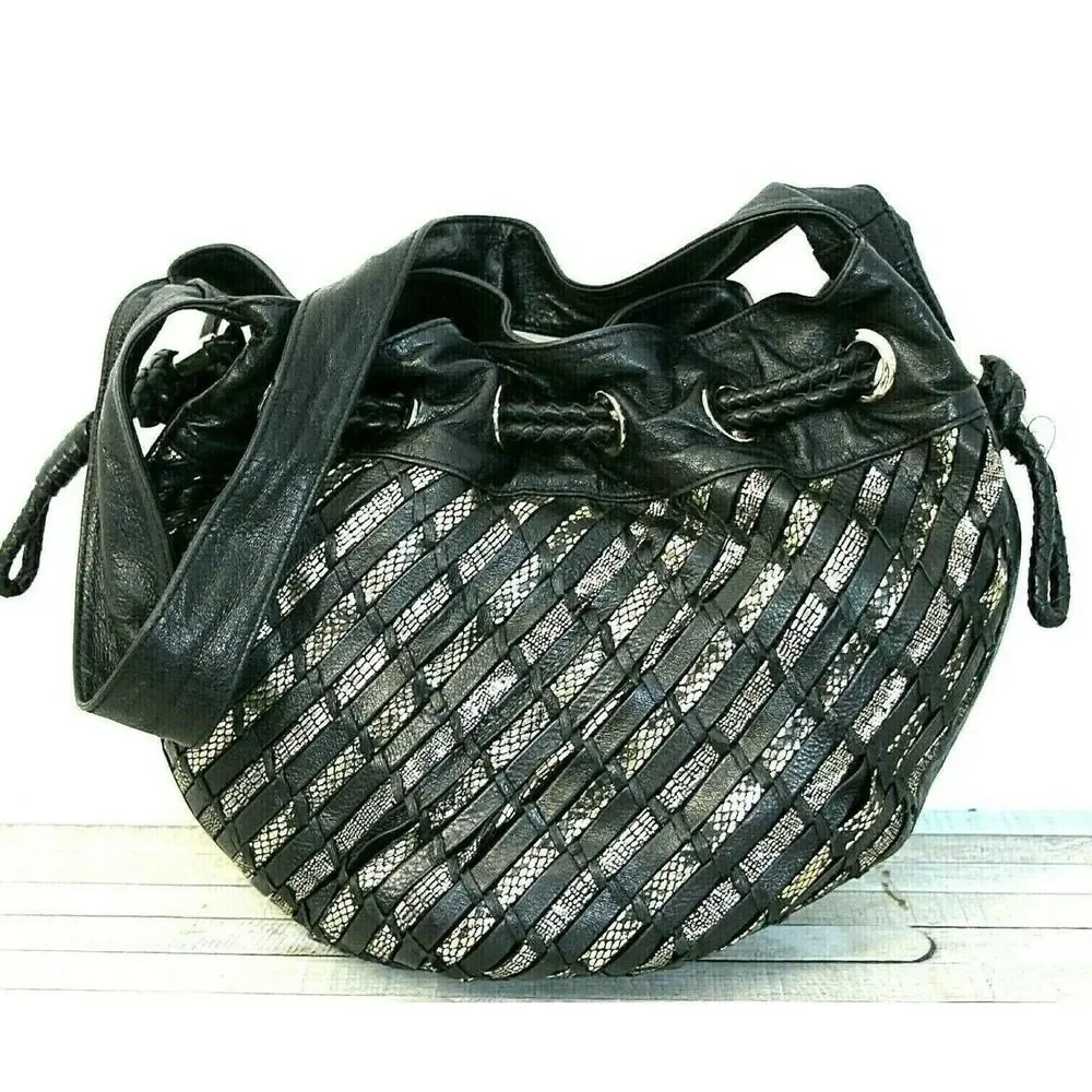 Elliott Lucca BLACK GOLD WOVEN GENUINE LEATHER DRAWSTRING SHOULDER BAG PURSE